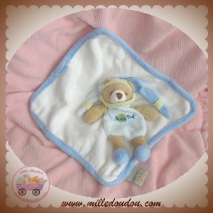 BABYNAT BABY NAT SOS DOUDOU OURS BEIGE BLEU PLAT MOUCHOIR BLANC