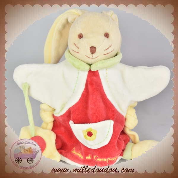 Doudou et compagnie marionnette lapin avec bébé rouge bordeaux beige