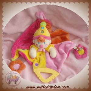 NICOTOY SOS DOUDOU LUTIN CLOWN PLAT ROSE JAUNE ATTACHE TETINE