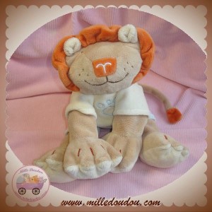 sos doudou lion Toodo carré plat orange et jaune empreinte