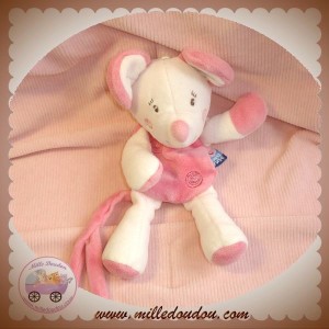 SUCRE D'ORGE DOUDOU PELUCHE SOURIS ROSE CLAIR FONCE ATTACHE TETINE